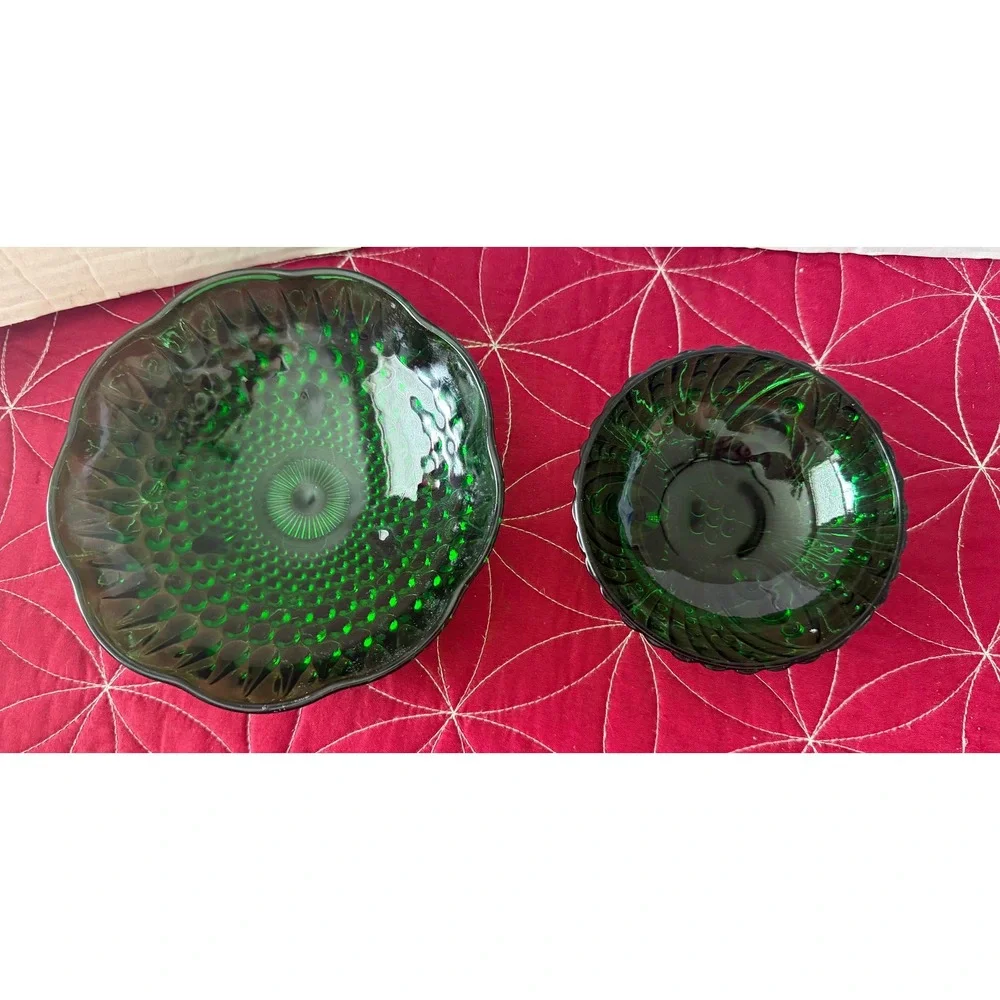 Vintage Emerald Green Glass Bowl Set Hobnail and Grape Pattern Footed Dishes